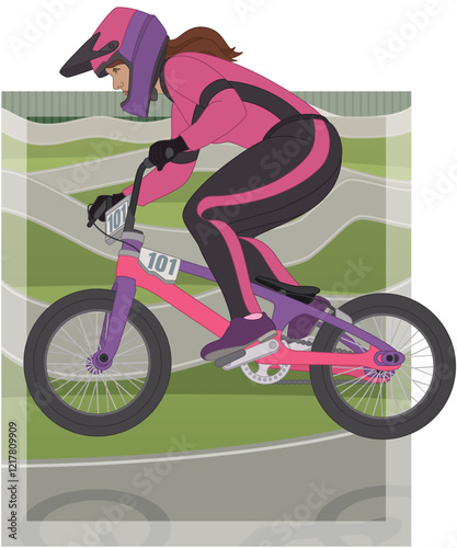 bmx motocross extreme sport, racing female cyclist air borne on single-lap circuit with track in the background