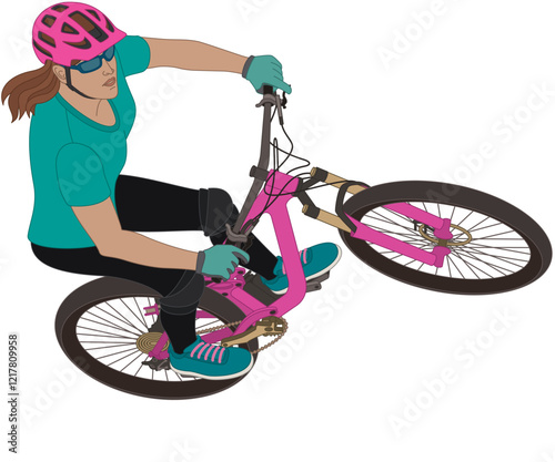 bmx motocross extreme sport, mountain trials female cyclist riding at an upward incline isolated on a white background