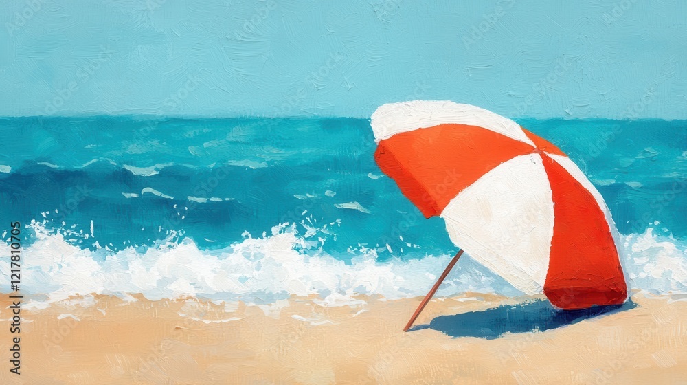 A colorful beach scene featuring a red and white striped umbrella next to gentle waves lapping against the sandy shore under a bright blue sky. A colorful beach scene featuring a red and white striped umbrella next to gentle waves lapping against the sandy shore under a bright blue sky.