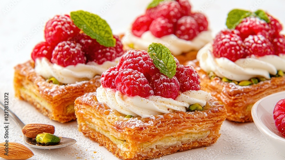 A collection of sweet treats featuring raspberries and whipped cream atop, accompanied by a bowl of almonds A collection of sweet treats featuring raspberries and whipped cream atop, accompanied by a bowl of almonds
