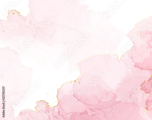 Blush pink watercolor fluid painting vector design card. Dusty rose and golden marble geode frame. Spring wedding invitation. Petal or veil texture. Dye splash style. Alcohol ink.Isolated and editable