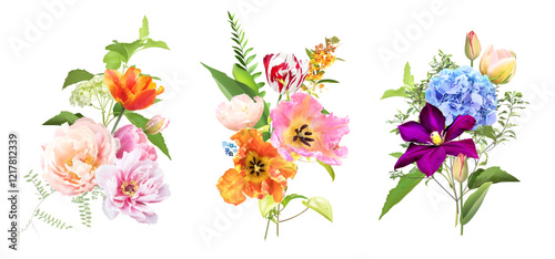 Bright tulip flowers, roses, pink peony, hydrangea, greenery and branches Easter vector bouquets. Floral bold colored watercolor. Blooming garden. Easter florals. Elements are isolated and editable