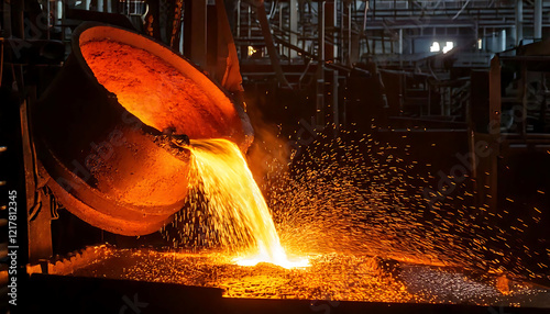 Molten metal pours from a furnace in a dramatic industrial setting.