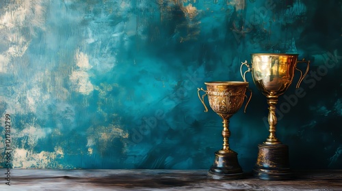 Two golden trophies sitting on a wooden table set against a blue background