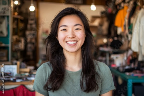 Portrait of a smiling Asian woman owner of second hand shop photo