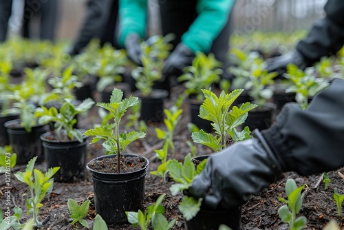 Community volunteers unite to plant trees and nurture the earth for a greener tomorrow: Earth Day community service promoting climate change awareness.