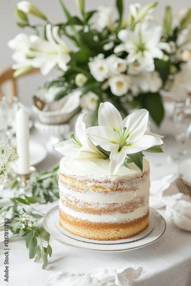 Light lemon cake on a modern table with white lilies and fresh greenery as decor Light lemon cake on a modern table with white lilies and fresh greenery as decor