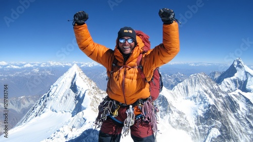 Hiker in victory pose on snowy mountain top, taking in the breathtaking alpine vista