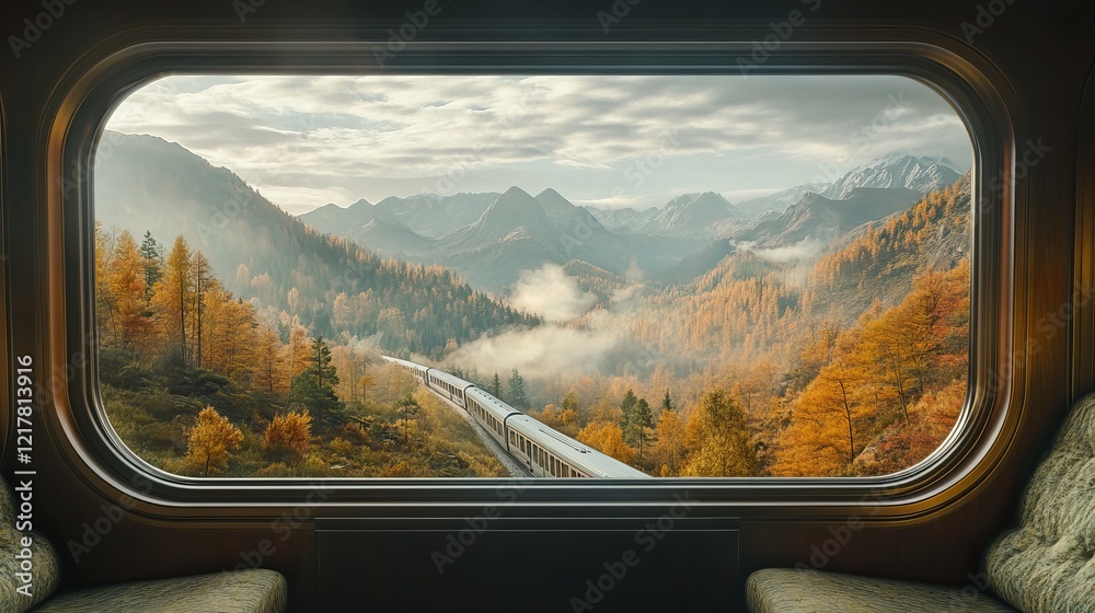A runaway train offers a stunning view of mountain landscapes as seen through the window, immersing passengers in natural beauty A runaway train offers a stunning view of mountain landscapes as seen through the window, immersing passengers in natural beauty