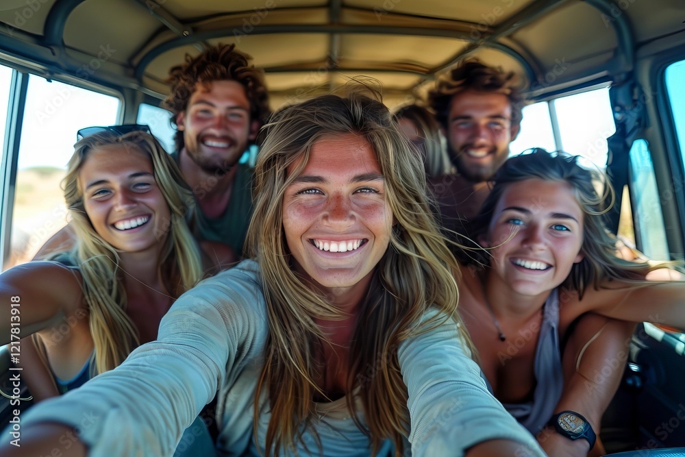 Friends capturing the excitement of a safari adventure with a car selfie on their road trip through Africa Friends capturing the excitement of a safari adventure with a car selfie on their road trip through Africa