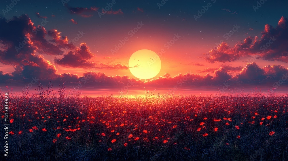 A vibrant sunset over a field of flowers, creating a serene atmosphere. A vibrant sunset over a field of flowers, creating a serene atmosphere.