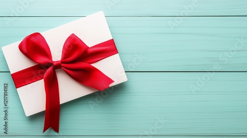 Gift card designed in a festive style on a blue wooden surface with space for text