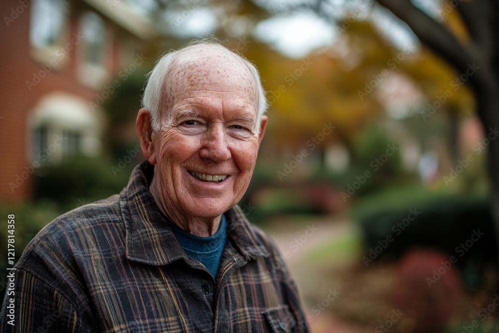 Portrait of a elderly Caucasian man smiling in front of nursing home