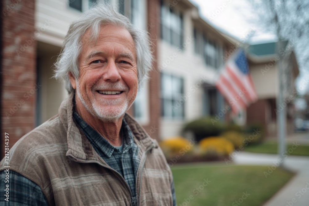 Portrait of a elderly Caucasian man smiling in front of nursing home Portrait of a elderly Caucasian man smiling in front of nursing home