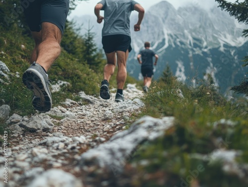 A vivid picture of trail runners clad in athletic gear navigating a challenging mountain ridge, highlighting the essence of endurance in the midst of spectacular landscapes photo