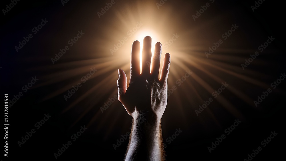 Fototapeta premium A man's hand reaches out to the light in the darkness, his silhouette clearly outlined against a distant beam of warm light. The scene captures a moment of hope and aspiration.