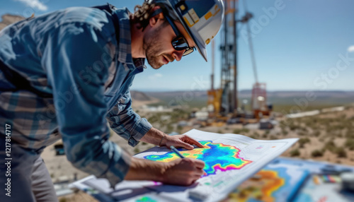 Geologist Working on a Topographical Map at an Oil Drilling Site