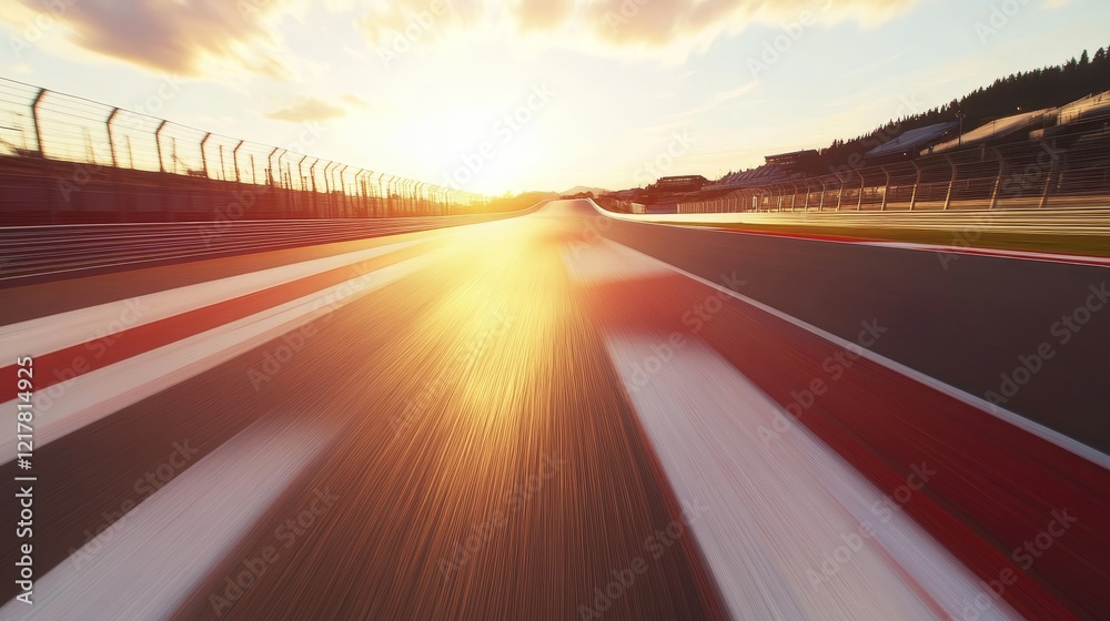 Naklejka premium A race track devoid of vehicles, marked with red and white lines, with a spectacular sunset overhead