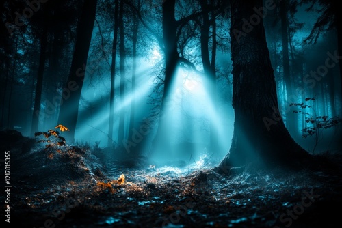 A dark, misty forest with rays of soft moonlight breaking through the trees, creating a calm yet eerie sense of serenity photo