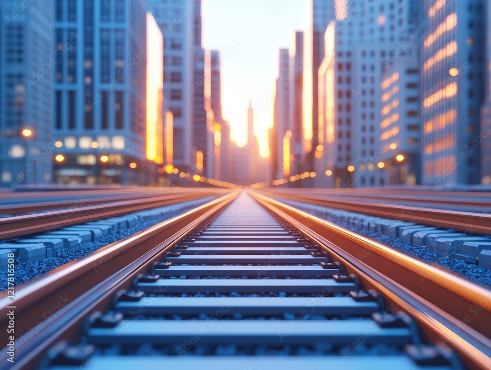 Fototapeta premium Urban railway tracks lead towards a sunset skyline in a bustling cityscape.