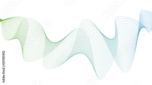 Vector curvy abstract line art wavy flowing dynamic green yellow white background in concept music or sound, wave, wind, information flow	