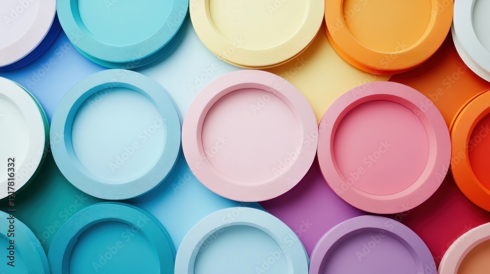 Colorful Arrangement of Circular Shapes with Textured Edges and Flat Surfaces Colorful Arrangement of Circular Shapes with Textured Edges and Flat Surfaces