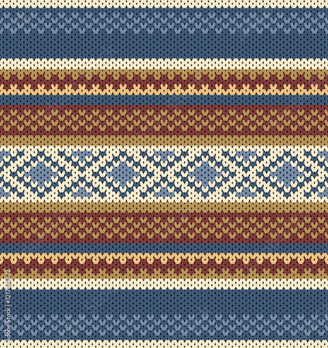 Geometric detail knitting pattern. Traditional native American in warming color tone.  Knitted style design vector for fabric printing.