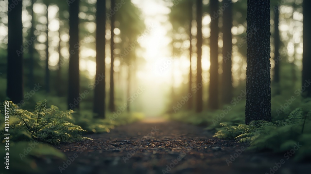 Obraz premium A serene forest scene with tall trees and soft light filtering through, creating a peaceful atmosphere along a path.