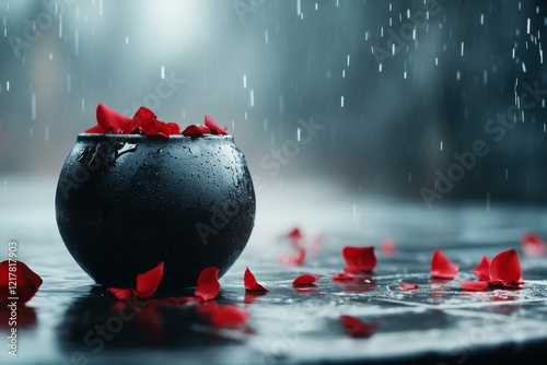 A flower vase knocked over on the floor, with water spreading across tiles and broken petals scattered around
