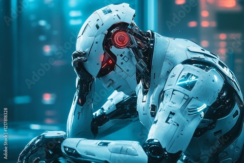 A futuristic scene of a robot sitting alone in a dimly lit lab, holding a broken piece of technology, its glowing eyes dimmed in disappointment