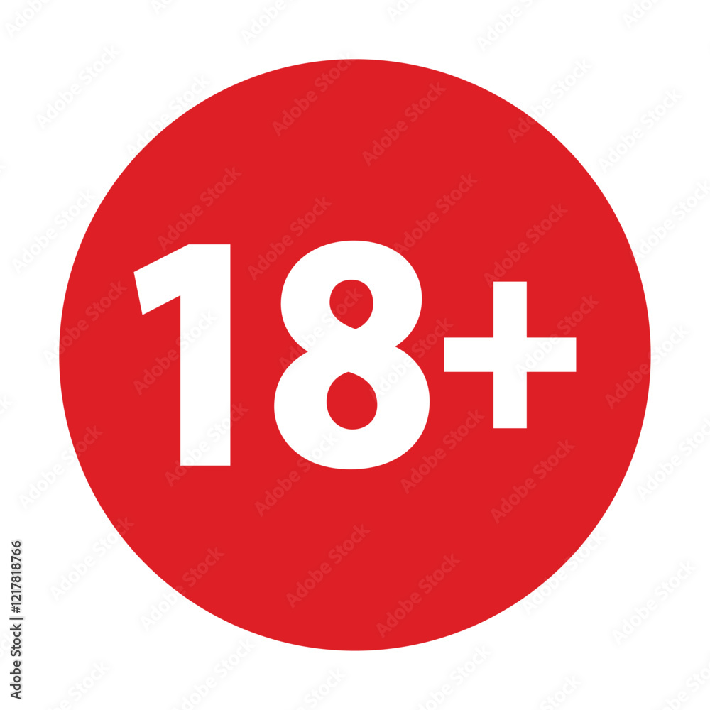 18 plus only - red icon. Age limit under 18 years old is forbidden circle sign symbol vector illustration. Under 18 sign in on white background. Over 18 only censored. Eighteen age older forbidden. 18 plus only - red icon. Age limit under 18 years old is forbidden circle sign symbol vector illustration. Under 18 sign in on white background. Over 18 only censored. Eighteen age older forbidden.