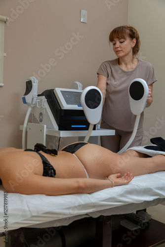 Beautician using rf lifting machine on woman's body for skin tightening