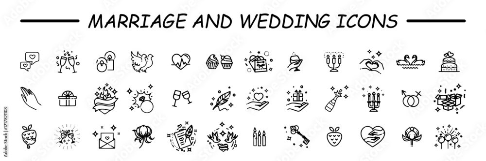Fototapeta premium Set of outline wedding icons. Minimalist thin linear web icons bundle. vector illustration.