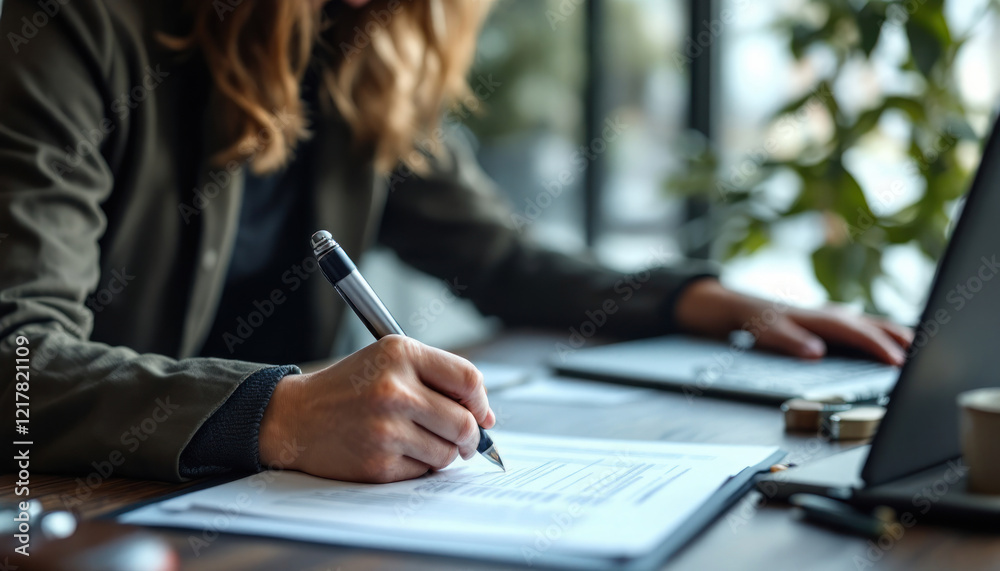 Woman Working on Documents at Desk Woman Working on Documents at Desk
