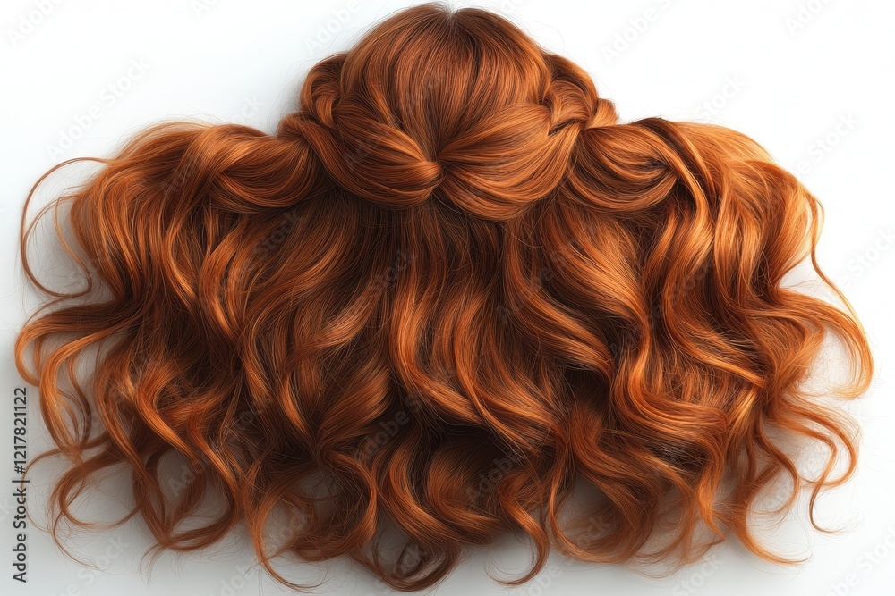 A top view of styled wavy red hair arranged in a decorative manner. A top view of styled wavy red hair arranged in a decorative manner.
