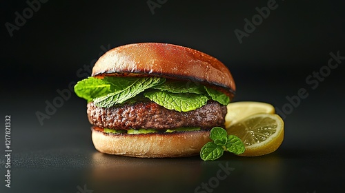   Black hamburger with lettuce, tomato & lemon on black surface against black backdrop photo