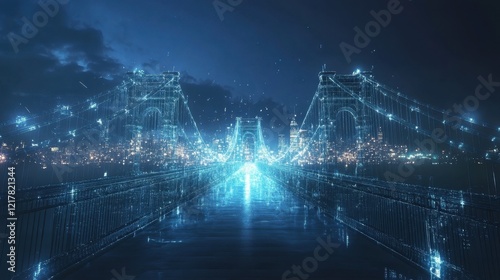 An intricately designed holographic bridge spanning two floating islands of technology embodying the connection between innovative ideas and economic opportunity.