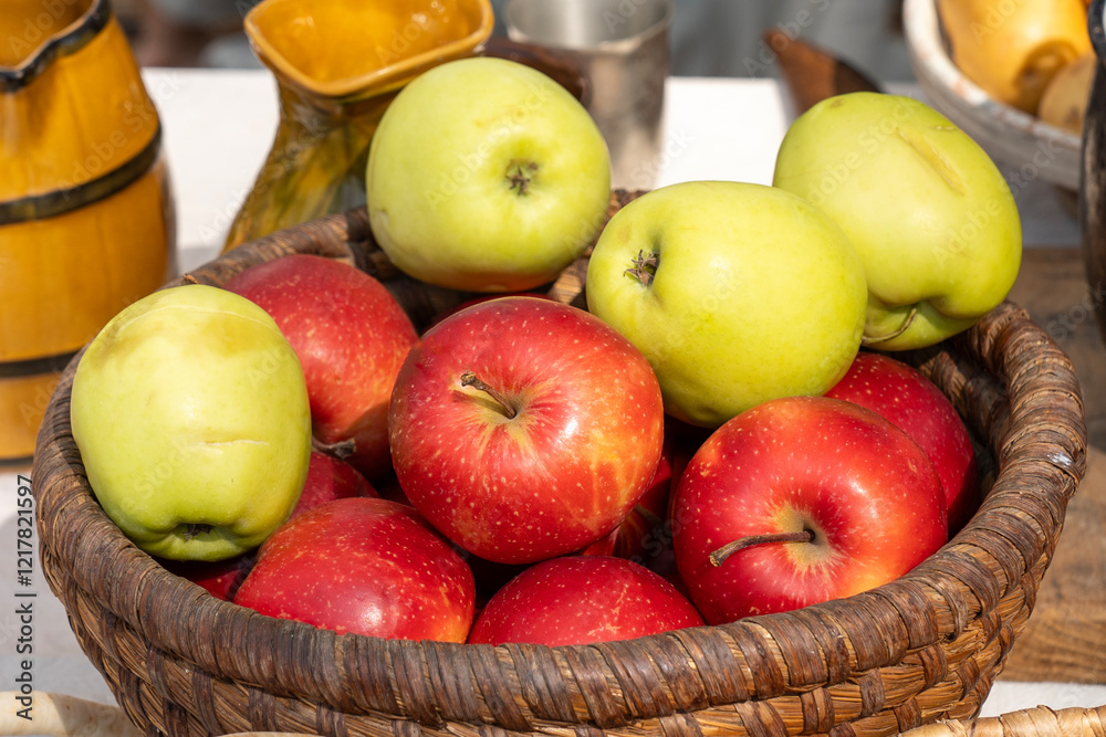 Green and red apples in a rustic wicker basket on a laid table Green and red apples in a rustic wicker basket on a laid table
