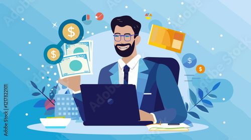 Businessman Using Laptop and Holding Banknote for Digital Marketing and Online Payment Processing