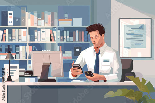 Businessman using mobile payments to complete transactions in modern office environment