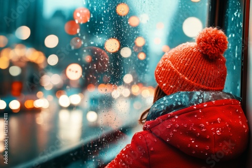 A person sitting on a train, staring out at a rainy cityscape with their reflection on the window showing disappointment