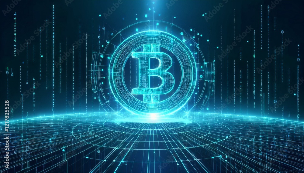 Bitcoin symbol glowing in a futuristic digital world. The image evokes innovation and technological advancement. 