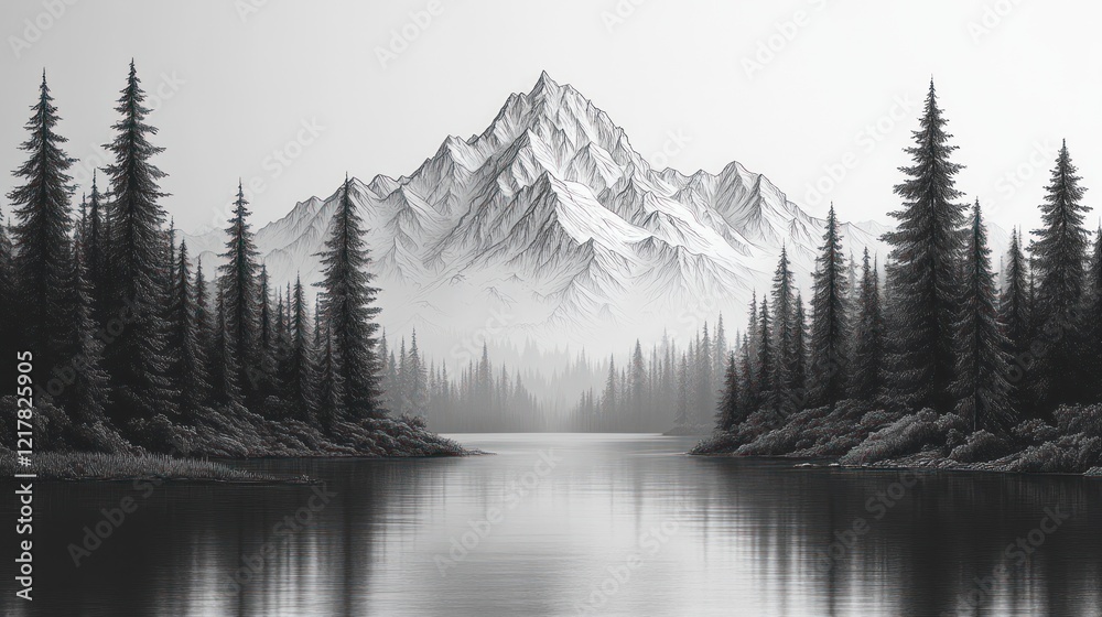 Fototapeta premium Monochrome mountain lake, serene forest, misty calm, nature poster