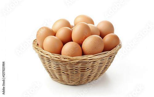Brown eggs in full basket on white background, Created with Generative AI technology