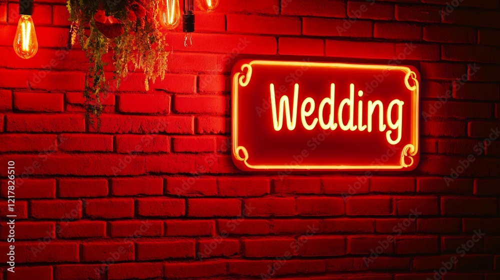 Fototapeta premium Glowing LED sign that reads Wedding in neon lights on a red brick wall ideal for a Valentines Day invitation