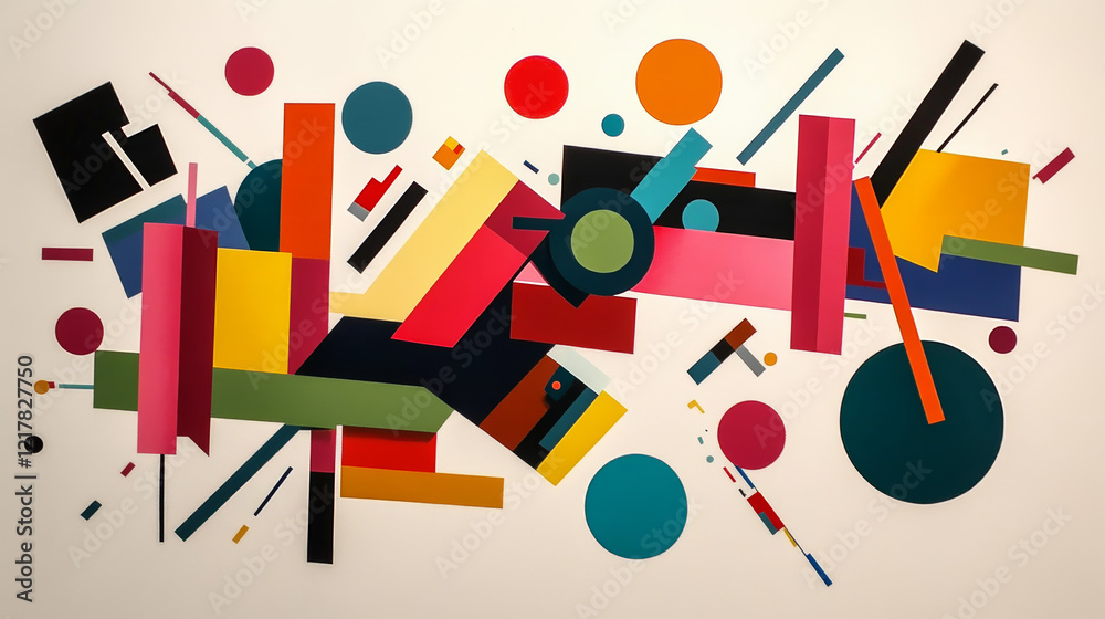 Abstract Design with Irregular Rectangles and Circles in Bold Colors, Challenging Symmetry and Creating Dynamic Imbalance on a White Background Abstract Design with Irregular Rectangles and Circles in Bold Colors, Challenging Symmetry and Creating Dynamic Imbalance on a White Background