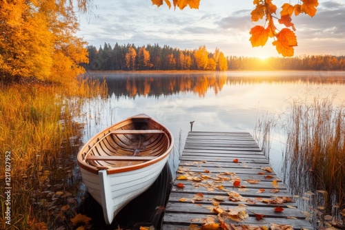 A slow-moving river with a small wooden boat tied to a dock, with golden sunlight reflecting on the water