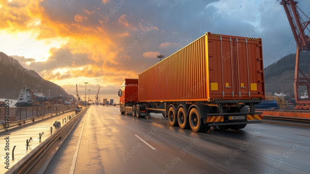 Fototapeta premium Cargo truck logistics truckload concept. A vibrant sunset illuminates a truck carrying shipping containers on a wet road, showcasing transportation and trade in a scenic port setting.