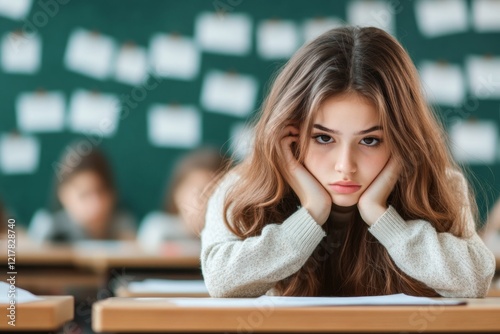 A student looking down sadly at a failed test paper, their expression a mix of disappointment and regret
