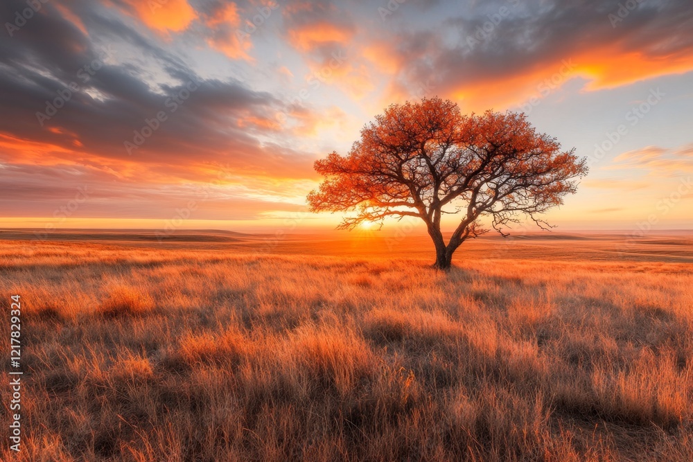 A sunset over a desolate field, with a single tree standing alone, silhouetted against a vibrant yet melancholic sky